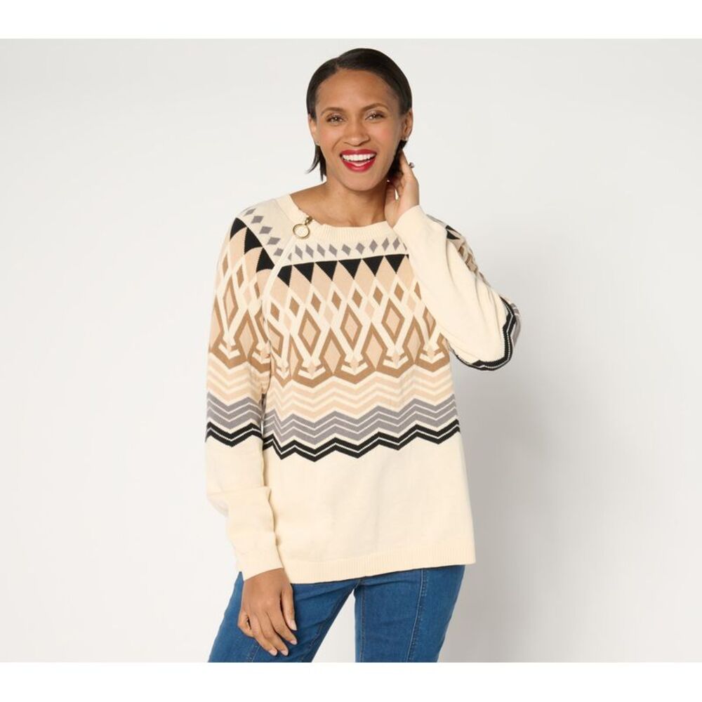 Denim & Co. Women's Top Sweater Sz S Adaptive Nordic Multi-colored A696313